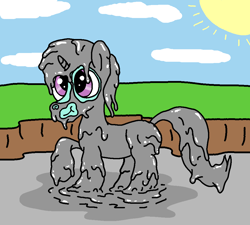 Size: 1000x900 | Tagged: safe, artist:amateur-draw, oc, oc only, oc:belle boue, pony, unicorn, clay, clay pit, covered in mud, male, messy, mud, mud bath, muddy, simple background, solo, stallion, wet and messy