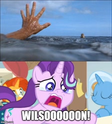 Size: 500x556 | Tagged: safe, edit, edited screencap, screencap, starlight glimmer, sunburst, trixie, pony, unicorn, a horse shoe-in, g4, cast away, crying, female, imgflip, male, mare, meme, ocean, phyllis no!, sports, stallion, volleyball, wilson (cast away)