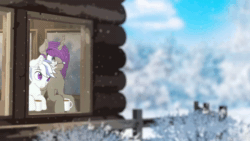 Size: 2560x1440 | Tagged: dead source, safe, artist:etheria galaxia, oc, oc only, oc:etheria galaxia, oc:scratch wub, alicorn, pony, unicorn, 60 fps, alicorn oc, animated, cinemagraph, coffee, eyebrows, eyebrows visible through hair, female, horn, log cabin, male, no sound, ship:scratchtheria, shipping, snow, snowfall, stallion, webm, window, wings