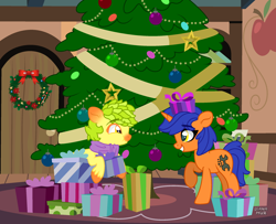 Size: 2500x2028 | Tagged: safe, artist:dianamur, artist:minty joy, oc, oc:pineapone, oc:twist cable, earth pony, pony, unicorn, base used, christmas, christmas lights, christmas tree, clothes, earth pony oc, gift wrapped, grin, high res, holiday, horn, present, raised hoof, scarf, smiling, tree, unicorn oc
