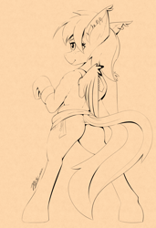 Size: 3900x5700 | Tagged: safe, artist:pedalspony, oc, oc only, oc:pedals, pegasus, pony, bipedal, blushing, butt, clothes, dock, dock piercing, ear fluff, ear piercing, earring, female, hoodie, jewelry, lidded eyes, lineart, looking away, mare, piercing, plot, smiling, sweater, tail, trans female, transgender