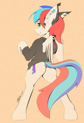 Size: 3900x5700 | Tagged: safe, artist:pedalspony, oc, oc only, oc:pedals, pegasus, semi-anthro, arm hooves, blushing, butt, clothes, dock, dock piercing, ear fluff, ear piercing, earring, female, hoodie, jewelry, lidded eyes, looking away, mare, piercing, plot, smiling, spread wings, sweater, tail, trans female, transgender, wings