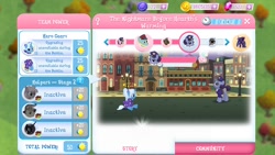 Size: 1280x720 | Tagged: safe, gameloft, screencap, can o'beans, loose tracks, night watch, nightmare rarity, officer fluffles, rainbowshine, rough diamond, trixie, twilight sparkle, vigilance, pony, g4, alternate hairstyle, babysitter trixie, circling stars, clothes, dizzy, gem, hoodie, nightmare twilight, nightmarified, police, sitting