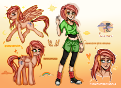 Size: 1584x1152 | Tagged: safe, artist:lelka-philka, oc, oc only, oc:stormy winds, human, pegasus, pony, equestria girls, g4, alternate hairstyle, belly button, clothes, converse, female, freckles, grin, heterochromia, hoodie, humanized, jewelry, leggings, mare, midriff, nail polish, necklace, raised hoof, raised leg, reference sheet, shoes, shorts, smiling, socks, solo, tank top, wristband