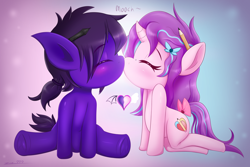 Size: 5184x3456 | Tagged: safe, artist:zionworldartist, oc, oc only, earth pony, pony, unicorn, abstract background, blushing, bow, earth pony oc, eyes closed, frog (hoof), hair bow, hairclip, heart, horn, kissing, kneeling, onomatopoeia, pencil, sitting, underhoof, unicorn oc