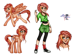 Size: 1584x1152 | Tagged: safe, alternate version, artist:lelka-philka, oc, oc only, oc:stormy winds, human, pegasus, pony, equestria girls, g4, alternate hairstyle, belly button, clothes, converse, female, freckles, grin, heterochromia, hoodie, humanized, jewelry, leggings, mare, midriff, nail polish, necklace, raised hoof, raised leg, reference sheet, shoes, shorts, simple background, smiling, socks, solo, tank top, white background, wristband