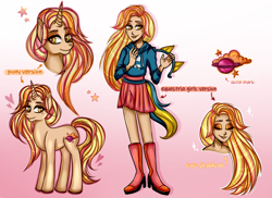 Size: 1584x1152 | Tagged: safe, artist:lelka-philka, oc, oc only, oc:star mist, human, pony, unicorn, equestria girls, g4, belt, boots, clothes, eyes closed, eyeshadow, female, grin, hairband, high heel boots, hoodie, humanized, lipstick, makeup, mare, reference sheet, shoes, skirt, smiling, solo