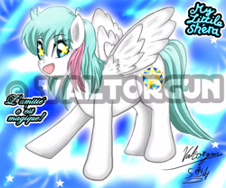 Size: 2045x1700 | Tagged: safe, artist:valtorgun-le-grand, oc, oc only, pegasus, pony, obtrusive watermark, pegasus oc, signature, smiling, solo, starry eyes, watermark, wingding eyes, wings