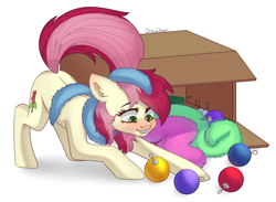 Size: 2500x1832 | Tagged: safe, artist:chibadeer, roseluck, pony, g4, behaving like a cat, blushing, box, christmas ornament, commissioner:doom9454, cute, decoration, fluffy, pony pet, rosabetes, rosepet, solo