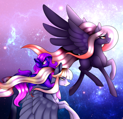 Size: 1500x1450 | Tagged: safe, artist:minelvi, oc, oc only, oc:sirius, oc:vega, pegasus, pony, eyelashes, female, flying, mare, pegasus oc, siblings, sisters, stars, wings