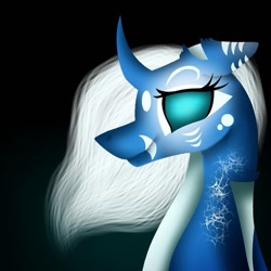 Size: 889x889 | Tagged: safe, artist:rxndxm.artist, oc, oc only, pony, unicorn, black background, curved horn, eyelashes, horn, simple background, smiling, solo, unicorn oc