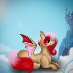 Size: 900x900 | Tagged: safe, artist:rxndxm.artist, oc, oc only, bat pony, pony, bat pony oc, bat wings, castle, cloud, fangs, lying down, on a cloud, outdoors, prone, solo, wings