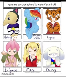 Size: 791x929 | Tagged: safe, artist:cinnamice, rainbow dash, anteater, big cat, dog, human, pegasus, pony, tiger, anthro, g4, animal crossing, anthro with ponies, bust, clothes, crossed arms, crossover, digimon, eyes closed, female, kakegurui, kung fu panda, lillymon, male, mare, one eye closed, six fanarts, smiling, wink