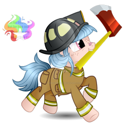 Size: 1280x1238 | Tagged: safe, artist:tired-horse-studios, oc, oc only, oc:star shooter, earth pony, pony, axe, deviantart watermark, female, firefighter, mare, mouth hold, obtrusive watermark, simple background, solo, transparent background, watermark, weapon