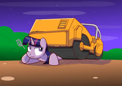 Size: 1280x905 | Tagged: safe, artist:trackheadtherobopony, twilight sparkle, alicorn, pony, g4, abuse, crushed, jojo reference, road roller, road roller da, solo, steam roller, twilight sparkle (alicorn), twilight sparkle is not amused, twilybuse, unamused