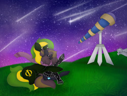 Size: 1032x774 | Tagged: safe, artist:jamlotte1, oc, oc:beauvoir ferril, oc:starr serenade, oc:vermont black, earth pony, ferret, pony, cuddling, father and child, father and daughter, female, male, meteor shower, night, stars, telescope