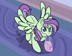 Size: 2190x1724 | Tagged: safe, artist:dinkyuniverse, violet twirl, bird, pegasus, pony, g4, backpack, female, friendship student, green eyes, hallway, looking at you, mare, school, smiling, spread wings, trotting, walking, wings