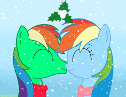 Size: 3840x2968 | Tagged: safe, artist:rainbowšpekgs, rainbow dash, oc, oc:oliver, pony, g4, canon x oc, clothes, duo, female, high res, kissing, male, mare, mistleholly, olidash, request, scarf, shipping, snow, snowfall, stallion, straight, sweater, winter