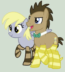Size: 768x846 | Tagged: safe, artist:jadeharmony, artist:ponybasesrus, derpy hooves, doctor whooves, time turner, earth pony, pegasus, pony, g4, base used, bowtie, clothes, female, gray background, male, mare, open mouth, raised hoof, ship:doctorderpy, shipping, simple background, socks, stallion, straight, striped socks