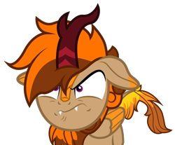 Size: 1455x1203 | Tagged: safe, artist:ragedox, oc, oc:blazedox, hybrid, kirin, pegasus, pony, angry, brown mane, fangs, orange mane, purple eyes, simple background, transparent background, vector, wings