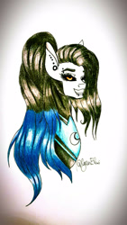 Size: 900x1600 | Tagged: safe, artist:minelvi, oc, oc only, earth pony, pony, black sclera, bust, ear piercing, earth pony oc, eyelashes, grin, lip piercing, peytral, piercing, signature, smiling, solo, traditional art
