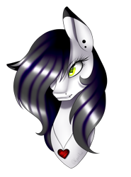 Size: 981x1327 | Tagged: safe, artist:minelvi, oc, oc only, earth pony, pony, bust, ear piercing, earth pony oc, eyelashes, hair over one eye, jewelry, lip piercing, necklace, piercing, simple background, solo, transparent background