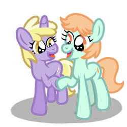 Size: 768x768 | Tagged: safe, artist:brandrewburrito, dinky hooves, peach fuzz, earth pony, pony, unicorn, g4, ask, ask peach fuzz and dinky doo, cute, cutie mark, diapeaches, dinkabetes, duo, duo female, excited, female, filly, food, friends, happy, high five, hoof hold, hoofbump, open mouth, peach, shadow, simple background, smiling, sparkles, transparent background