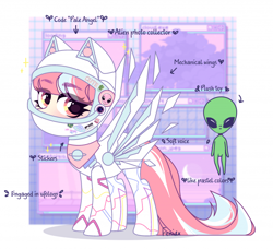 Size: 700x638 | Tagged: safe, artist:fenix-artist, oc, oc only, oc:pastel stars, alien, earth pony, pony, artificial wings, astronaut, augmented, female, helmet, mare, mechanical wing, multicolored hair, plushie, reference sheet, solo, spacesuit, sticker, wings