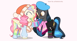 Size: 3722x2000 | Tagged: safe, artist:_cat_smoker_, artist:ashakalovsky, oc, oc only, oc:cheery candy, oc:tough cookie (ice1517), pegasus, pony, unicorn, base used, beret, cheerycookie, christmas, clothes, commission, eyes closed, female, freckles, grin, hat, high res, holiday, hoodie, hoof hold, lesbian, makeup, multicolored hair, oc x oc, present, rainbow hair, rainbow socks, santa hat, scarf, shipping, simple background, smiling, socks, striped socks, transparent background, wristband, ych result