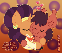Size: 2800x2400 | Tagged: safe, artist:snakeythingy, saffron masala, oc, oc:sketchy dupe, pony, g4, canon x oc, female, gradient background, high res, hindi, hug, male, sketchffron, snuggling, straight