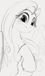 Size: 537x909 | Tagged: safe, artist:dotkwa, fluttershy, human, pegasus, pony, g4, blushing, cute, female, hand, holding hands, holding hooves, hoof hold, lineart, mare, monochrome, offscreen character, pov, shyabetes, simple background, smiling, solo focus, spread wings, white background, wings