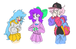 Size: 3000x1960 | Tagged: safe, artist:doodlegamertj, oc, oc only, oc:adam, oc:mable syrup, oc:musicallie, human, baseball cap, blue hair, bow, cap, clothes, deaf, dress, female, hat, hoodie, humanized, laughing, male, pink hair, purple hair, sign language, simple background, transparent background, xd
