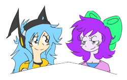 Size: 1526x964 | Tagged: safe, artist:doodlegamertj, oc, oc only, oc:mable syrup, oc:musicallie, human, equestria girls, g4, blue hair, bow, clothes, hoodie, humanized, purple hair, simple background, transparent background