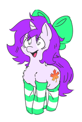 Size: 996x1472 | Tagged: safe, artist:doodlegamertj, oc, oc only, oc:mable syrup, pony, unicorn, blind, bow, clothes, purple hair, simple background, socks, sticker, striped socks, transparent background