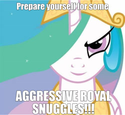 Size: 1124x1034 | Tagged: safe, princess celestia, alicorn, pony, g4, caption, crown, female, image macro, imma snuggle you, imminent snuggles, implied snuggling, jewelry, looking at you, mare, meme, peytral, regalia, smiling, text