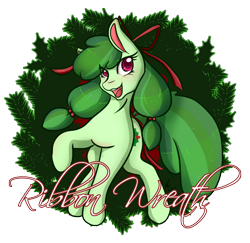 Size: 1280x1245 | Tagged: safe, artist:mscolorsplash, oc, oc only, oc:ribbon wreath, earth pony, pony, christmas, christmas wreath, female, hair ribbon, holiday, mare, pigtails, simple background, solo, transparent background, twintails, wreath