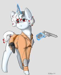 Size: 1916x2369 | Tagged: safe, artist:flashnoteart, oc, oc only, oc:evny, pony, unicorn, armor, colored, commission, female, gun, handgun, holster, magic, red eyes, revolver, simple background, solo, weapon