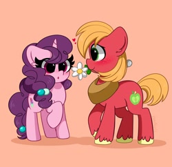 Size: 3200x3100 | Tagged: safe, artist:kittyrosie, big macintosh, sugar belle, earth pony, pony, unicorn, g4, :o, blushing, cute, duo, female, flower, flower in mouth, high res, kittyrosie is trying to murder us, macabetes, male, mare, mouth hold, open mouth, profile, ship:sugarmac, shipping, stallion, straight, sugarbetes