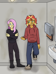 Size: 3000x4000 | Tagged: safe, artist:applejackofalltrades, fluttershy, sunset shimmer, fanfic:looking glass, series:who we become, equestria girls, g4, bathroom, chat, clothes, converse, shoes, sweater, talking