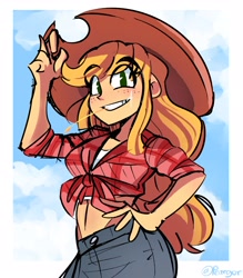 Size: 2656x3033 | Tagged: safe, artist:peargor, applejack, human, g4, belly button, cloud, cowboy hat, female, freckles, front knot midriff, hand on hip, hat, high res, humanized, looking at you, midriff, no pupils, sky, smiling, solo, straw in mouth