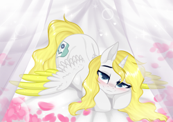 Size: 3465x2454 | Tagged: source needed, safe, artist:kim0508, oc, oc only, oc:sweetie shy, alicorn, pony, alicorn oc, base used, bed, bedroom, bedroom eyes, blushing, commission, cute, female, flower petals, high res, horn, looking at you, mare, petals, pony oc, romantic, smiling, solo, wings, ych result