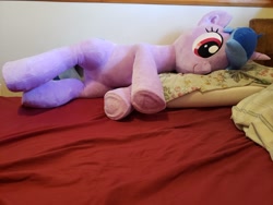 Size: 4032x3024 | Tagged: safe, artist:nekokevin, sea swirl, seafoam, pony, unicorn, g4, background pony, bed, cute, irl, lying down, on side, photo, pillow, plushie, solo, underhoof