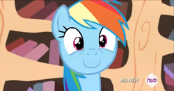 Size: 1917x1001 | Tagged: safe, screencap, rainbow dash, pony, g4, testing testing 1-2-3, :c, frown, golden oaks library, hub logo, hubble, inverted mouth, solo