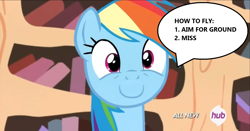 Size: 1917x1001 | Tagged: safe, edit, screencap, rainbow dash, pony, g4, testing testing 1-2-3, :c, frown, golden oaks library, hitchhiker's guide to the galaxy, hub logo, hubble, inverted mouth, solo