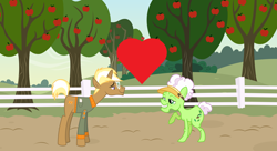 Size: 8917x4853 | Tagged: safe, auntie applesauce, trenderhoof, pony, g4, apple, apple tree, fence, heart, implied shipping, implied straight, shipping, shipping domino, tree