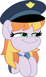 Size: 2993x5000 | Tagged: safe, artist:jhayarr23, part of a set, copper top, earth pony, pony, g4, alternate hairstyle, cap, clothes, commission, female, hat, just one bite, mare, police pony, reference, simple background, solo, spongebob reference, spongebob squarepants, transparent background, uniform, ych result, you like krabby patties don't you squidward?