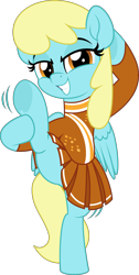 Size: 2522x5000 | Tagged: safe, artist:jhayarr23, sassaflash, pegasus, pony, g4, background pony, balancing, bipedal, cheerleader, cheerleader outfit, clothes, commission, female, holding, holding leg, mare, simple background, skirt, solo, standing, standing on one leg, transparent background, underhoof, ych result