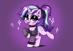 Size: 3507x2481 | Tagged: safe, artist:techycutie, starlight glimmer, pony, unicorn, g4, alternate hairstyle, choker, clothes, collar, cross, ear piercing, earring, edgelight glimmer, eyeshadow, goth, high res, inverted cross, jewelry, lidded eyes, looking at you, makeup, open mouth, open smile, piercing, punk, scrunchie, shirt, smiling, solo, spiked choker, spiked wristband, tongue out, wristband