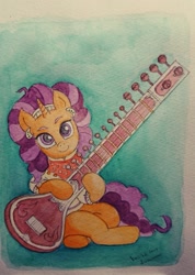 Size: 637x893 | Tagged: safe, artist:daisymane, saffron masala, pony, unicorn, g4, ear piercing, earring, female, gradient background, hoof hold, jewelry, looking at you, mare, musical instrument, piercing, sitar, solo, traditional art, watercolor painting