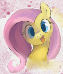 Size: 940x1105 | Tagged: safe, artist:dotkwa, fluttershy, pony, g4, abstract background, bust, cute, female, looking at you, mare, open mouth, portrait, shyabetes, smiling, solo